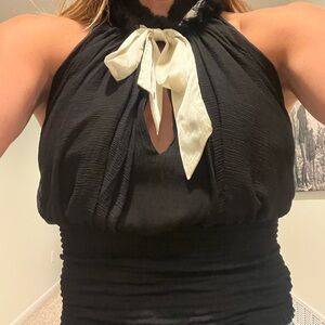 Bebe Silk Chiffon Backless Halter French Flare Top